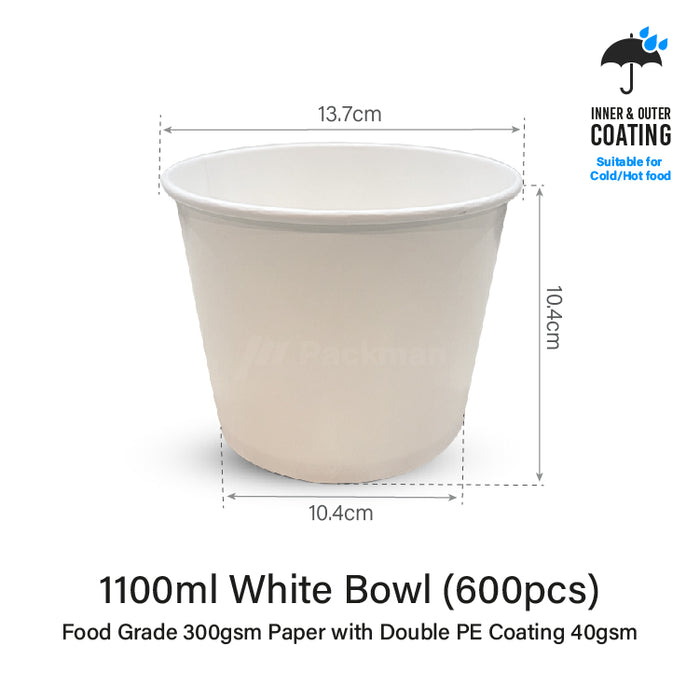 1100ml Double-Coated White Kraft Bowl (600pcs)