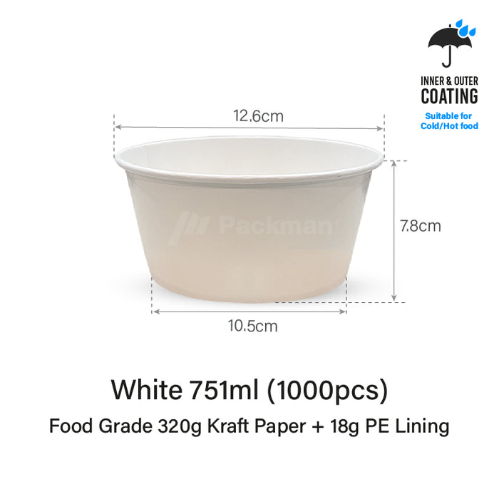 751ml White Double-Coated Kraft Bowl (1000pcs)