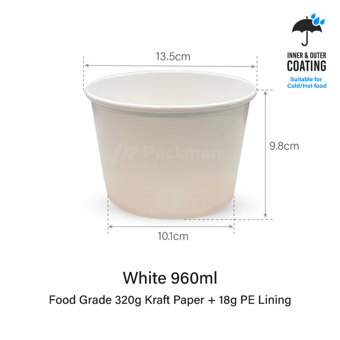 960ml Double-Coated White Kraft Bowl (1000pcs)