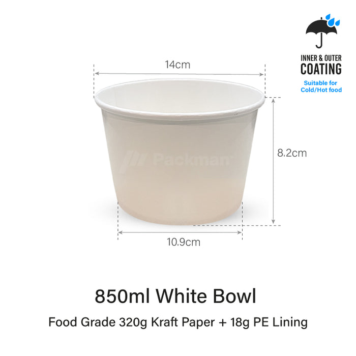 850ml Double-Coated White Kraft Bowl (600pcs)